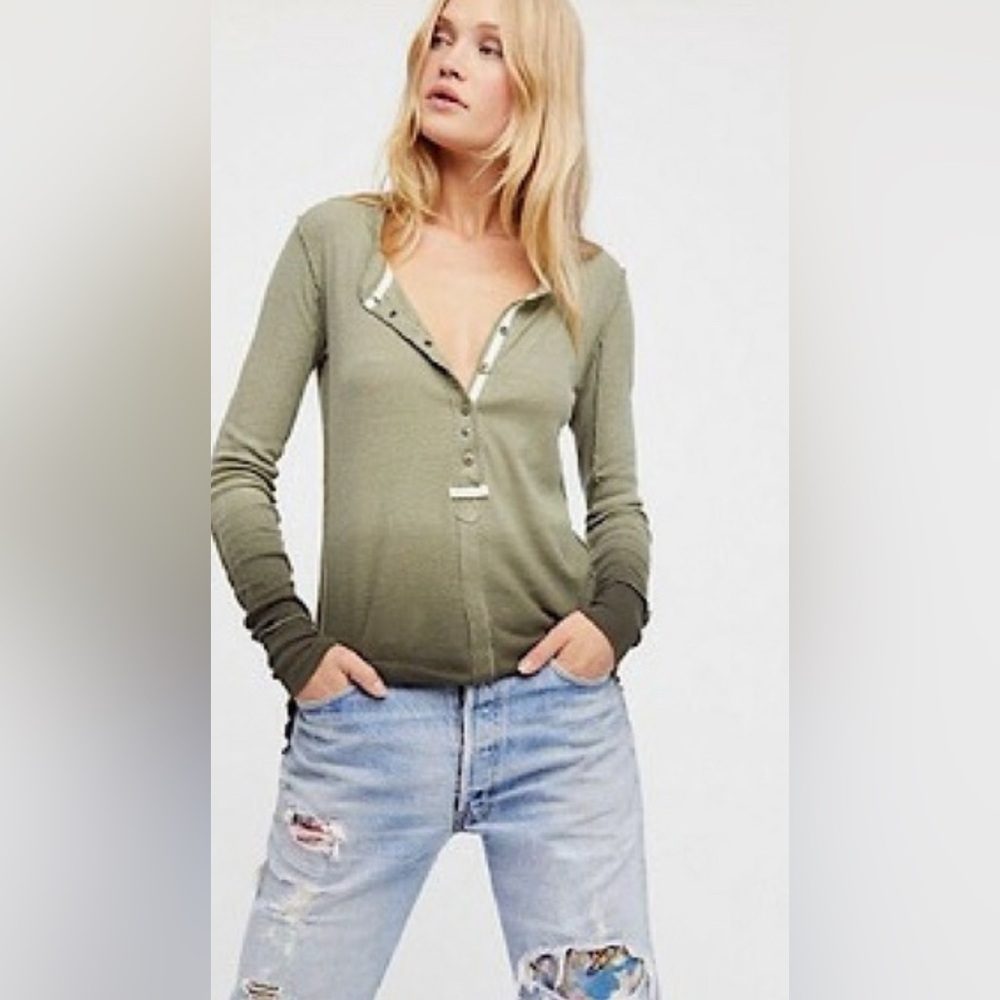 Free People Cozy Up Henley Linen Cotton Tee Top Distressed Green XS